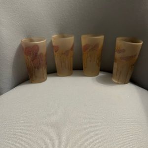 4 Israeli Art Glasses Hand-painted Paste Marbling Over Light Satin Glass.